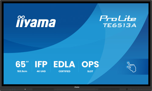 PANTALLA INTERACTIVA 65" EDLA, ANDROID 14, 8/128GB UHD IPS, MM 2X 20W  + 20W SUBWR, 2X HDMI, DP , 2X USB-C,  450CD/M, HORIZ , MEDIA PLAY USB PORTS, ANTIGLARE, LAN, RS232C, IIWARE WIFI-6/BT 5.0, OPS SLOT, VESA 400X400 (MOUNT INCLUDED) (TE6513A-B1AG)