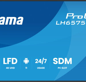 MONITOR IIYAMA 65" (LH6575UHS-B1AG)3840X2160, UHD IPS PANEL, OPERACION 24/7 500CD/M, LANDSCAPE PORTRAIT, SIGNAL FAILOVER, SPEAKERS 2X 10W, MULTIPLE INPUTS (DVI-I (VGA),HDMI 3X, DP-OUT ,USB 2.0 X2, WIFI, LAN, MEDIA PLAY USB PORT, CONTROL LAN/RS232