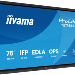 PANTALLA INTERACTIVA 75" EDLA, ANDROID 14, 16/128GB UHD IPS, MM 2X 20W  + 20W SUBWR, 2X HDMI, DP , 1X USB-C,  550CD/M, HORIZ , MEDIA PLAY USB PORTS, ANTIGLARE, LAN, RS232C, IIWARE WIFI-6/BT 5.0, OPS SLOT, VESA 400X400 (MOUNT INCLUDED) (TE7515A-B1AG)