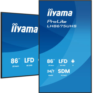 MONITOR TACTIL IIYAMA 86" 3840X2160, UHD VA, 500CD/M2, HORIZ VERT,FAILOVER, MM 2X 10W, HDMI 3X, DP, DP-OUT, USB 2.0 X2, WIFI, LAN, MEDIA PLAY USB, LAN / RS232C, IISIGNAGE2, IISHARE, IICONTROL ANDROID 11, PC-SLOT SDM-L, 24/7, VESA 600X400 (LH8675UHS-B