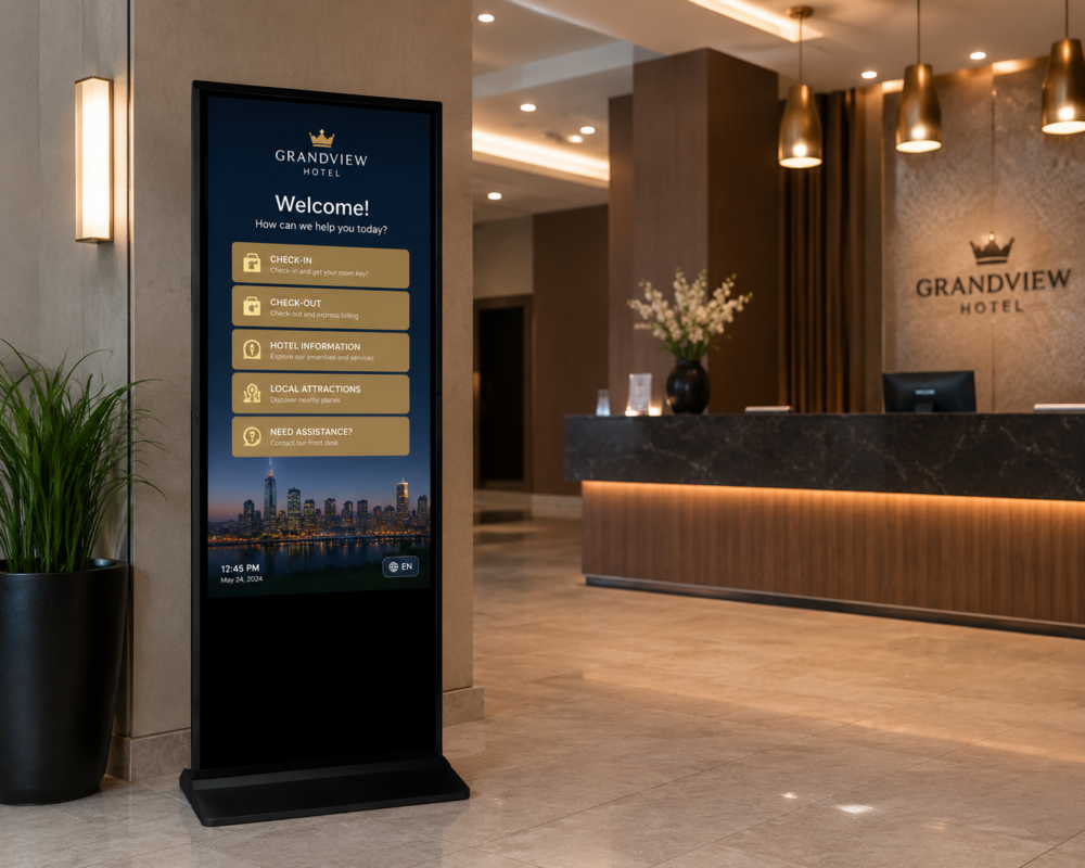 Tótem digital táctil usado como directorio en la recepción de un hotel