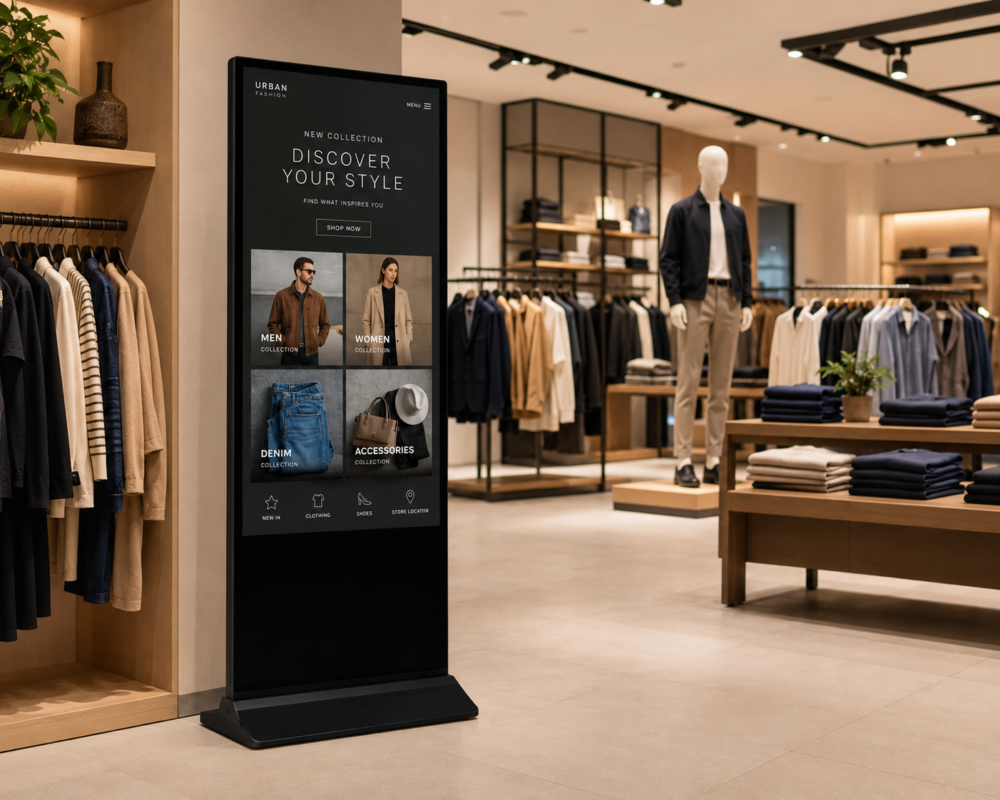 Tótem táctil 55 pulgadas instalado en el acceso de una tienda